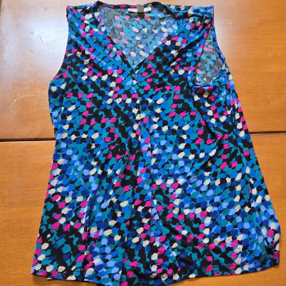 Dana Buchman Sleeveless V-Neck Top in Black, Blue & Pink Spot Print
